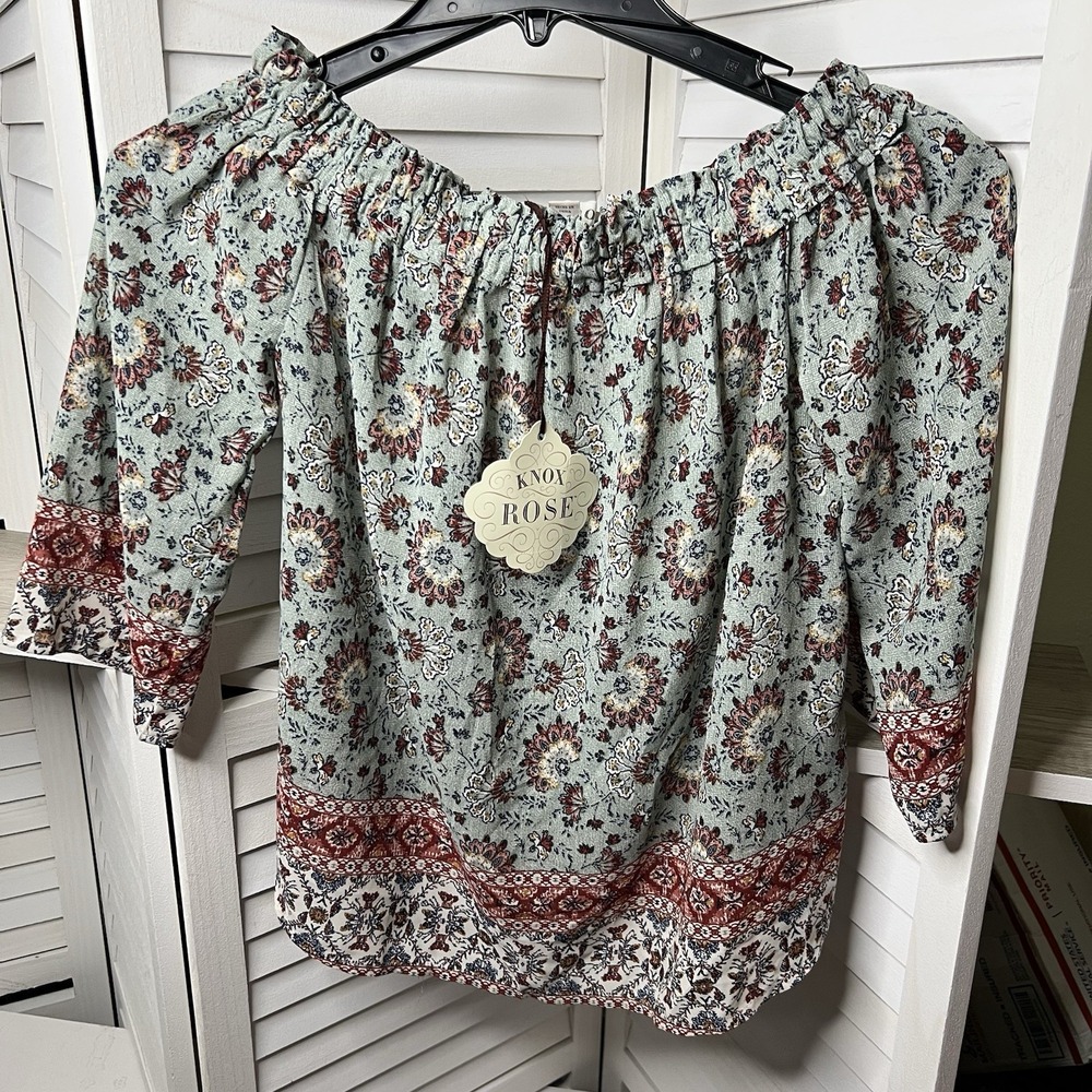 Knox Rose Women's XS Floral Off Shoulder Boho Peasant Top NWT Green Red Sheer